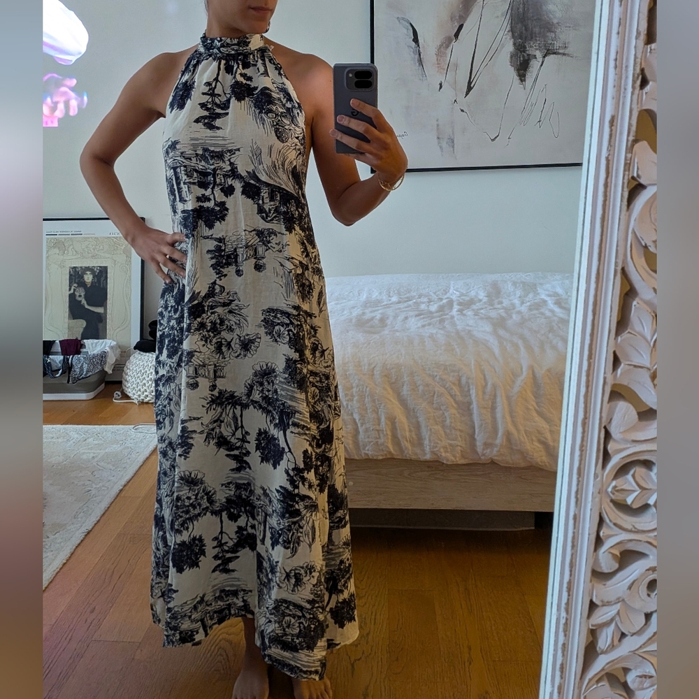 Linen Toile Print Maxi Dress